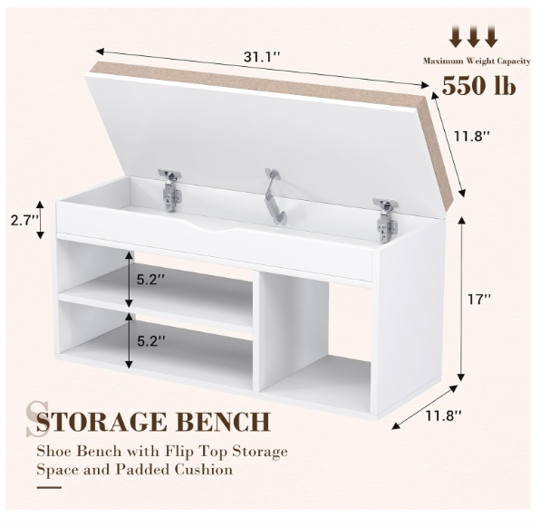 31 Inches Storage Bench, Shoe Bench with Flip Top Storage Space