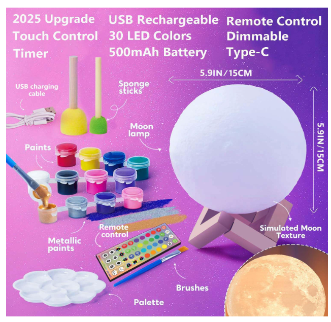 DIY 3D Moon Night Light, Paint Your Own Moon Lamp Kit