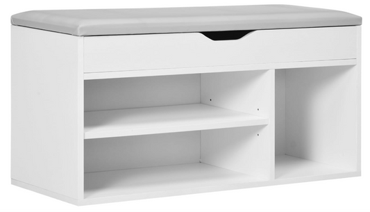 Shoe Bench Entryway Storage Rack with Padded Cushion PU Cover Hidden Storage for Hallway Living Room Bedroom, White
