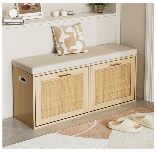 Rattan Shoe Storage Bench Whith Cushion, Wooden Entryway Bench with Storage