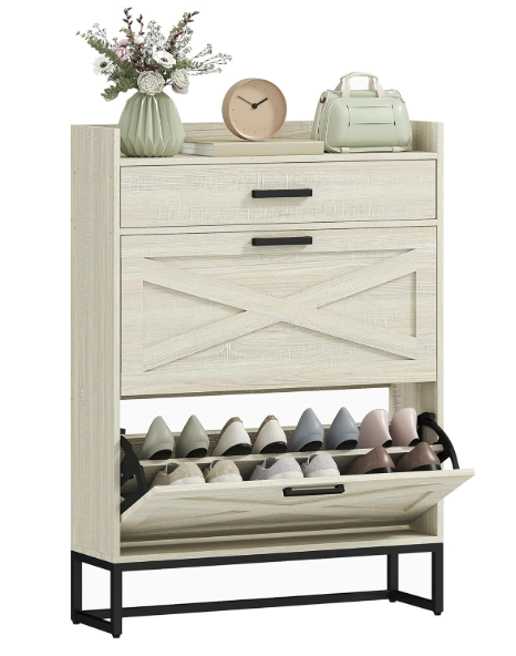 Narrow Shoe Cabinet, Industrial Shoe Storage Cabinet with 2 Flip Drawers