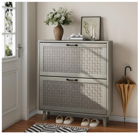 Smart Shoe Cabinet with 2 Flip PVC Rattan Deco Drawers