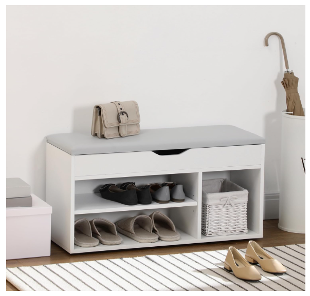 Shoe Bench Entryway Storage Rack with Padded Cushion PU Cover Hidden Storage for Hallway Living Room Bedroom, White