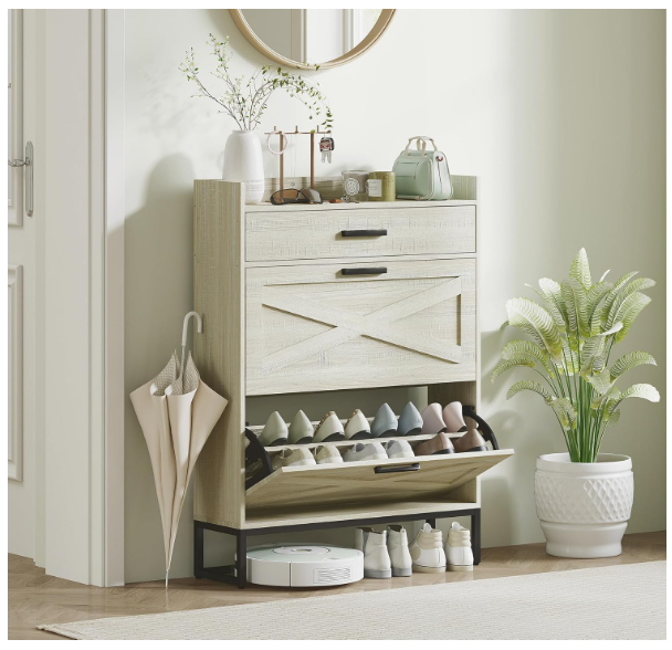 Narrow Shoe Cabinet, Industrial Shoe Storage Cabinet with 2 Flip Drawers