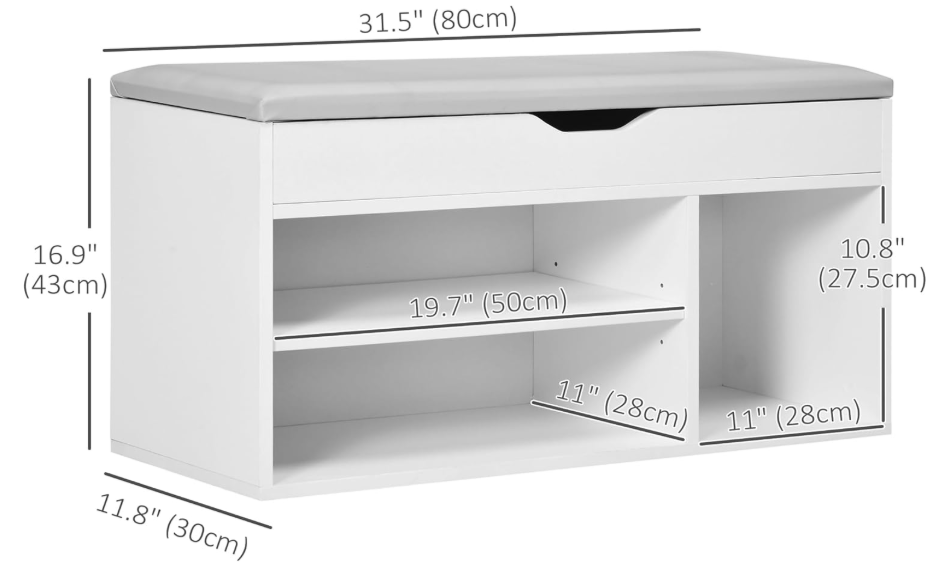 Shoe Bench Entryway Storage Rack with Padded Cushion PU Cover Hidden Storage for Hallway Living Room Bedroom, White