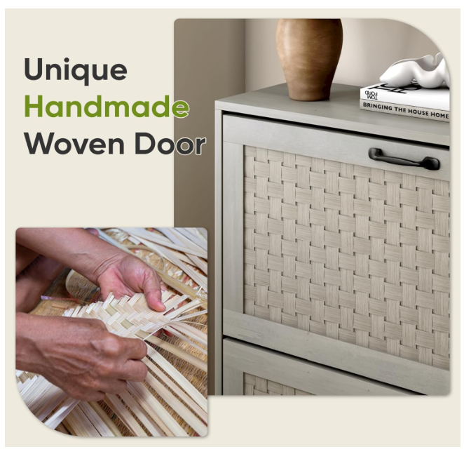 Smart Shoe Cabinet with 2 Flip PVC Rattan Deco Drawers