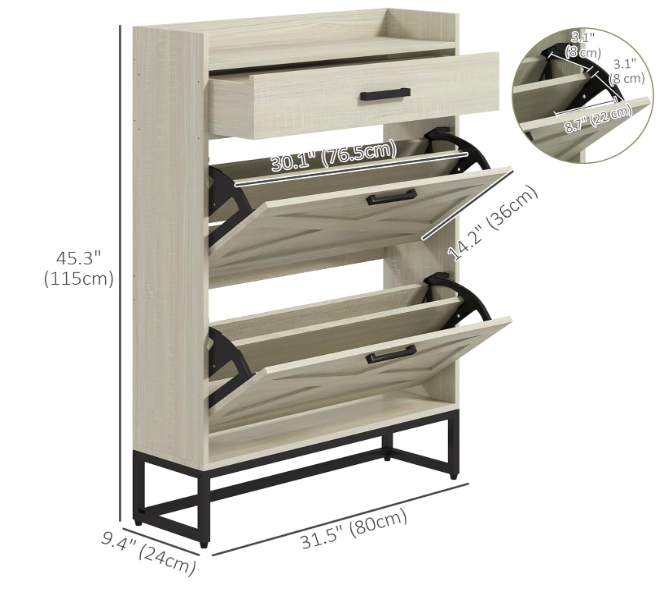 Narrow Shoe Cabinet, Industrial Shoe Storage Cabinet with 2 Flip Drawers