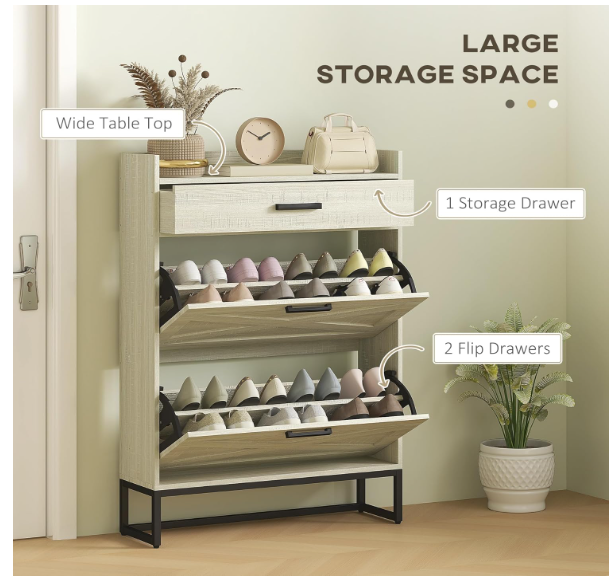 Narrow Shoe Cabinet, Industrial Shoe Storage Cabinet with 2 Flip Drawers