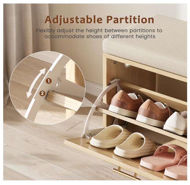 Rattan Shoe Storage Bench Whith Cushion, Wooden Entryway Bench with Storage