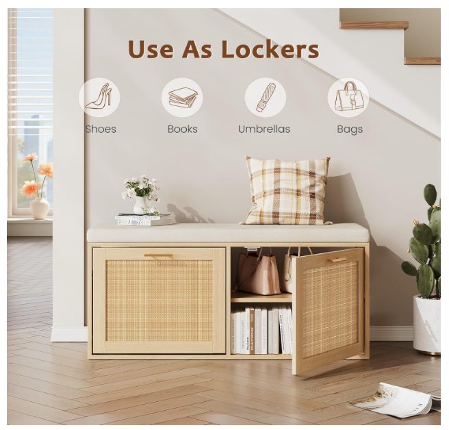 Rattan Shoe Storage Bench Whith Cushion, Wooden Entryway Bench with Storage
