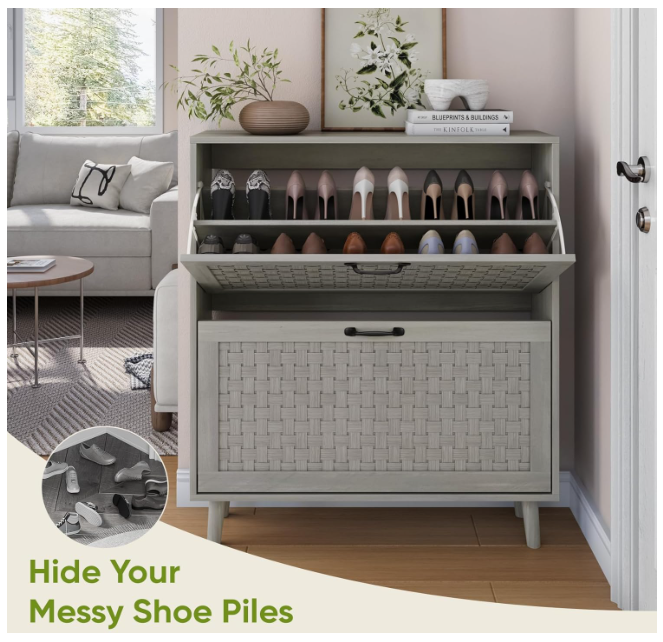 Smart Shoe Cabinet with 2 Flip PVC Rattan Deco Drawers