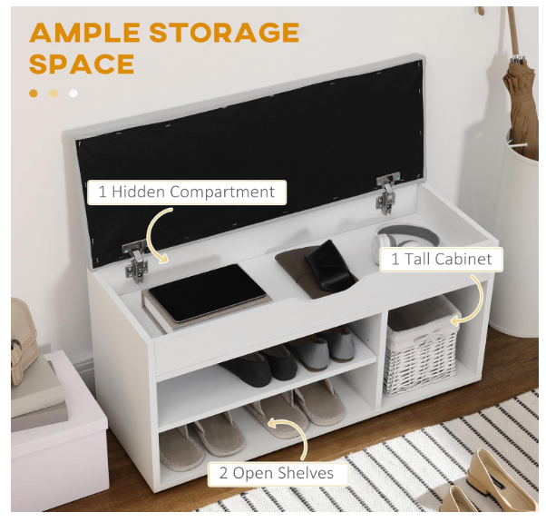 Shoe Bench Entryway Storage Rack with Padded Cushion PU Cover Hidden Storage for Hallway Living Room Bedroom, White