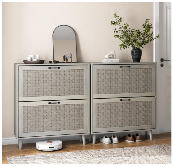 Smart Shoe Cabinet with 2 Flip PVC Rattan Deco Drawers