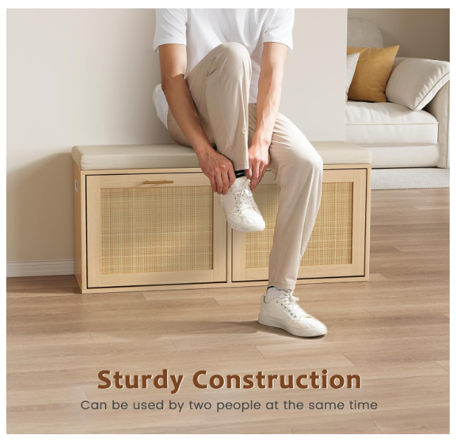 Rattan Shoe Storage Bench Whith Cushion, Wooden Entryway Bench with Storage