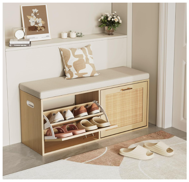 Rattan Shoe Storage Bench Whith Cushion, Wooden Entryway Bench with Storage