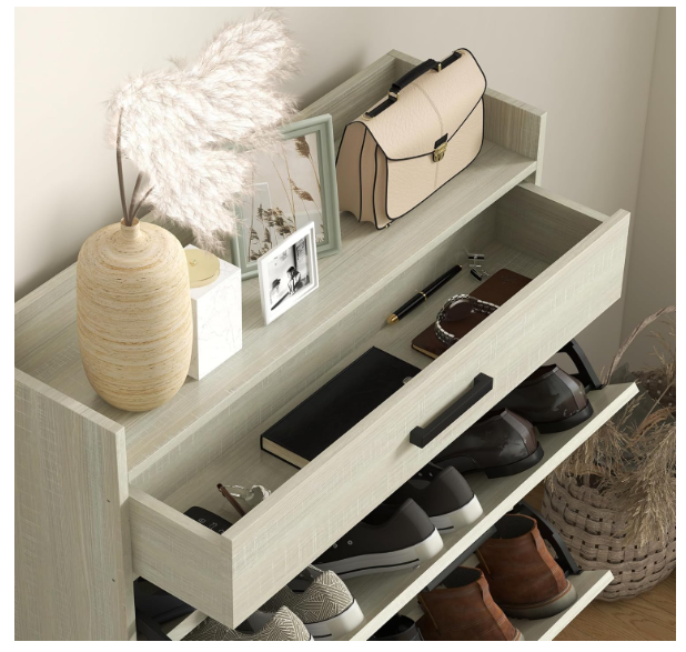 Narrow Shoe Cabinet, Industrial Shoe Storage Cabinet with 2 Flip Drawers