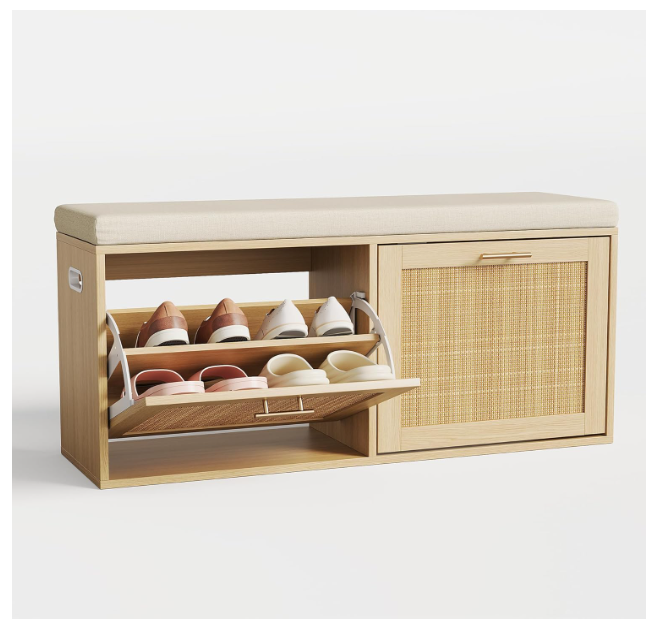 Rattan Shoe Storage Bench Whith Cushion, Wooden Entryway Bench with Storage